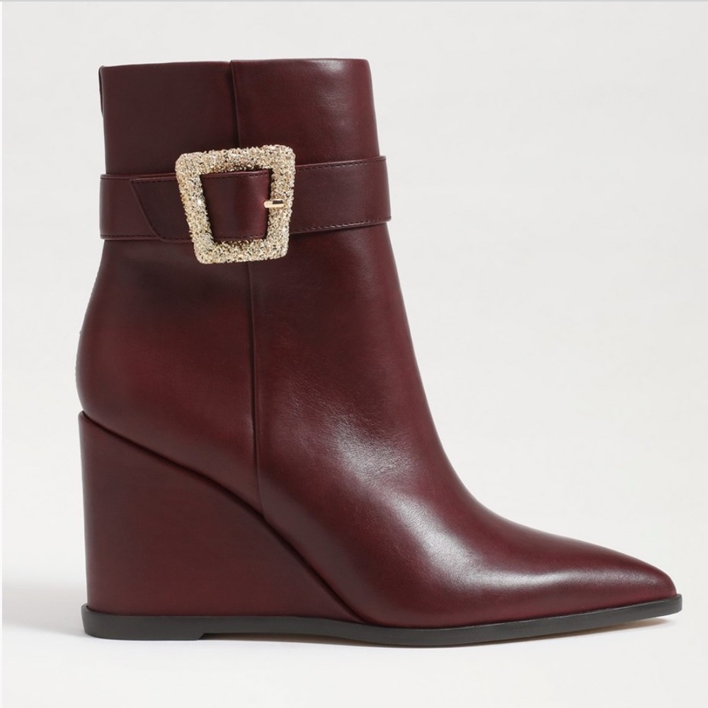 Sam Edelman Weslie Burgundy Wedge Boots with Gold Buckle size 6